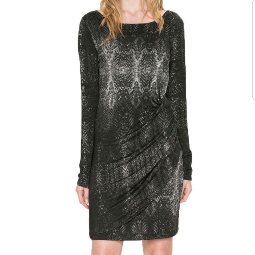 Desigual Women Dress Bonnie Black Long Sleeves Draped Fitted Scoop Knit Sheath S